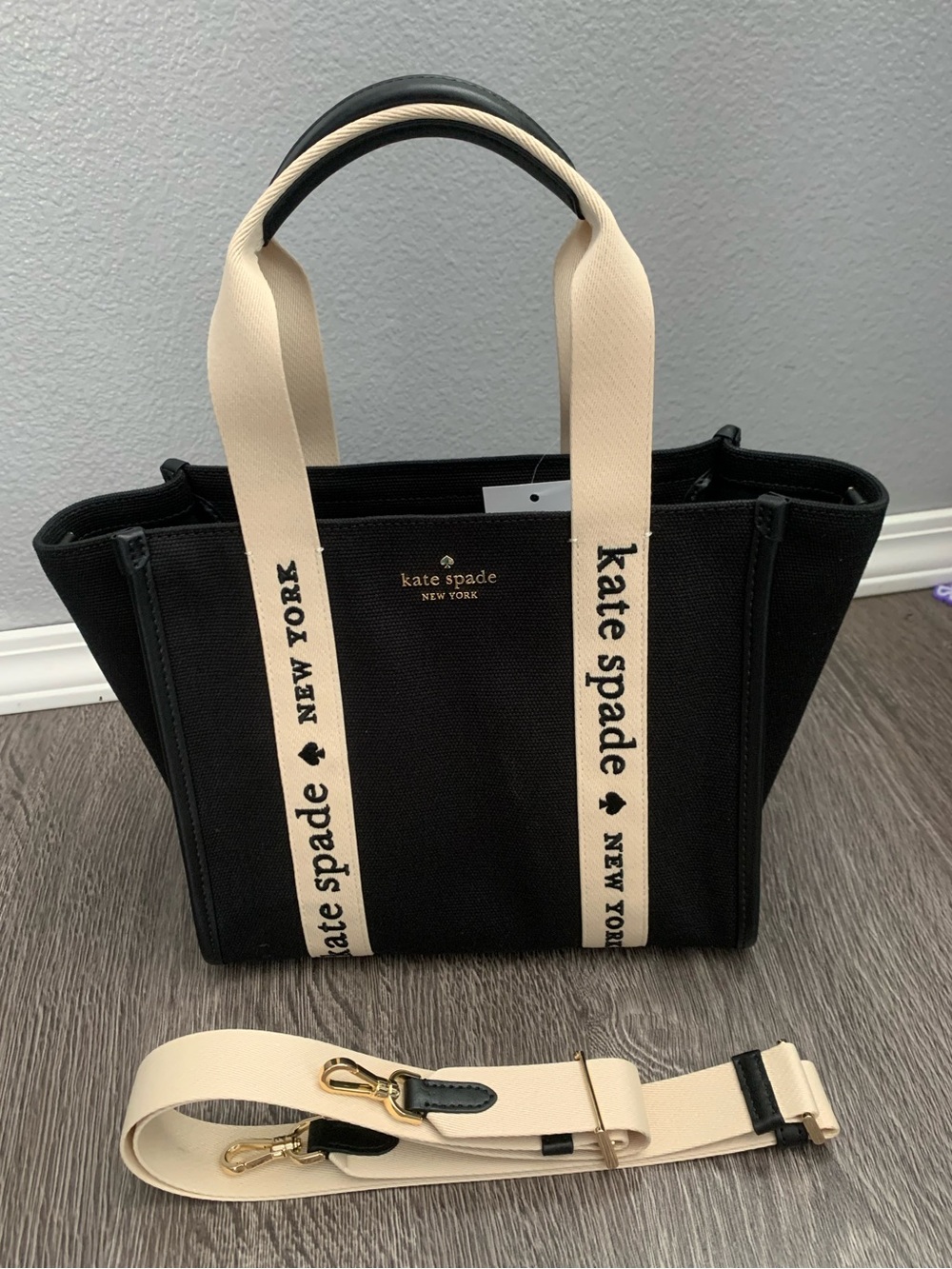 kate spade Kim Black Canvas Tote with Cream Logo Straps